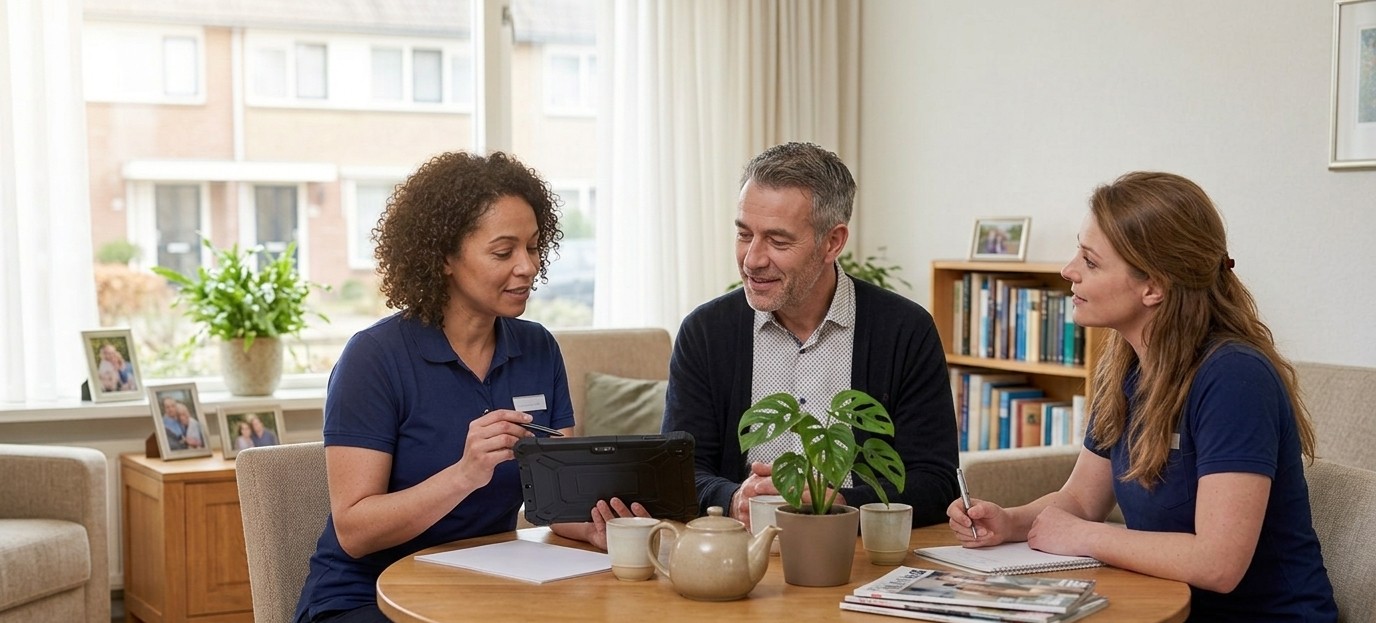 Zorgprofessional bespreekt persoonlijke zorg en ondersteuning met een cliënt